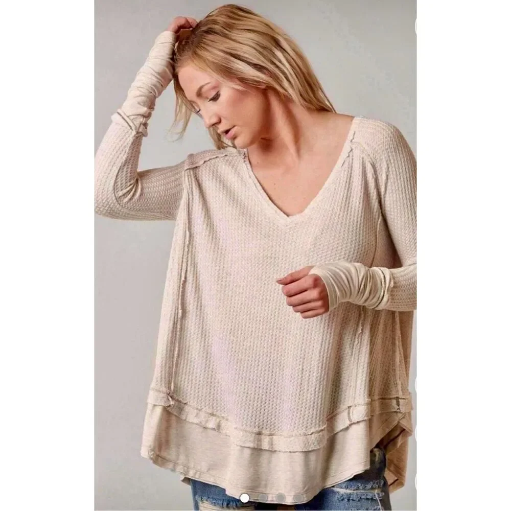 Free People We the Free Laguna Thermal Tunic Raw Edge Frayed Oversized Sz M
